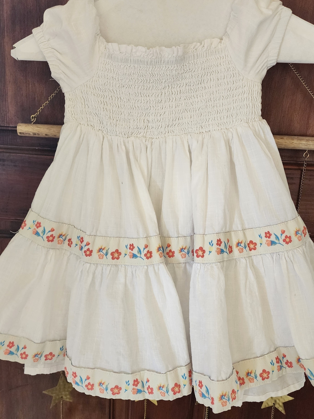 Rachel Zoe White Cotton Dress with Orange and Blue Floral Trim